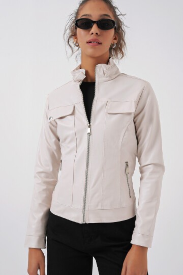 Merterium 1024 Dik Yaka Deri Mont - Ekru