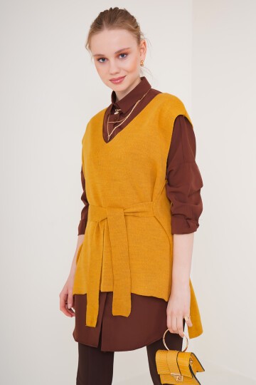 Merterium 15760 Kuşaklı Triko Süveter - Hardal