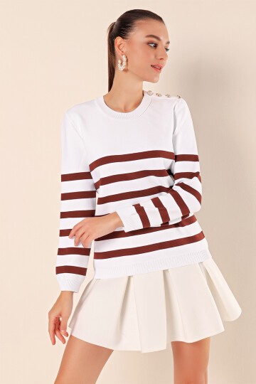 Merterium 15820 Düğme Detay Çizgili Kazak - C. Kahverengi