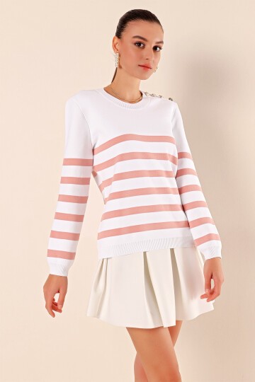 Merterium 15820 Düğme Detay Çizgili Kazak - C. Pudra