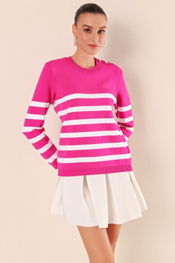 Merterium 15820 Düğme Detay Çizgili Kazak - Fuşya