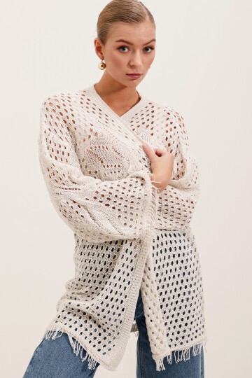 Merterium 15857 Ajurlu/Delikli Oversize Hırka - Taş