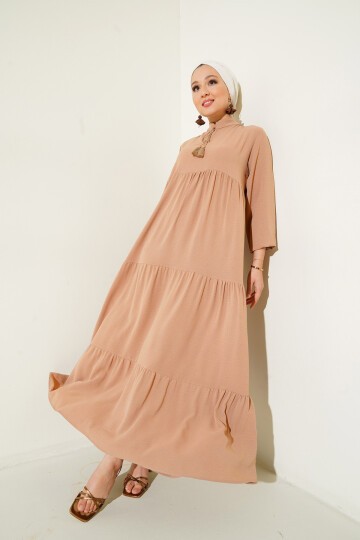 Merterium 1627 Yaka Bağcıklı Tesettür Elbise - D.Vizon