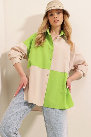 Merterium 20117 Blok Renkli Oversize Gömlek - E.Yeşil