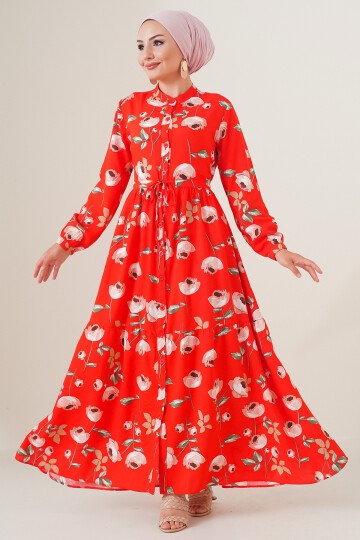Merterium 2144 Hakim Yaka Tesettür Elbise - C.Kırmızı