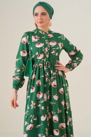 Merterium 2144 Hakim Yaka Tesettür Elbise - C.Yeşil