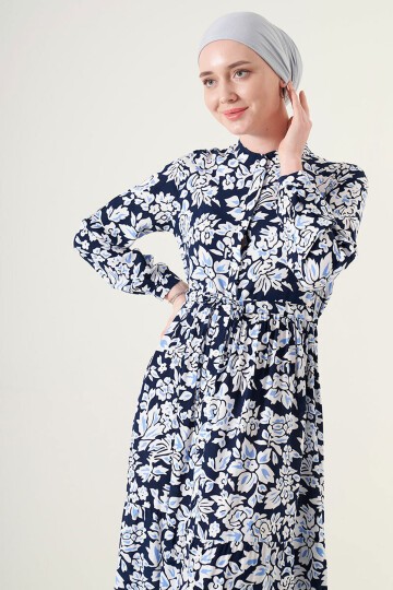 Merterium 2144 Hakim Yaka Tesettür Elbise - Lacivert