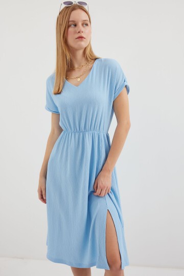 Merterium 2378 V Yaka Yırtmaçlı Örme Elbise - Mavi