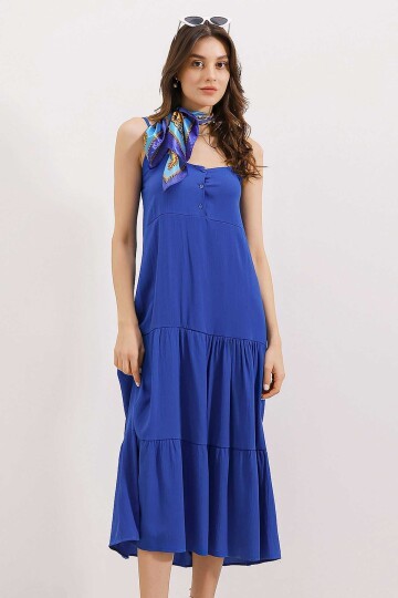 Merterium 2403 Askılı Midi Elbise - Saks