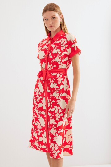 Merterium 2455 Desenli Gömlek Elbise - Kırmızı