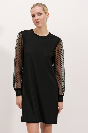 Merterium 2467 Tül Kollu Mini Elbise - Siyah