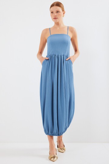 Merterium 2492 Askılı Örme Salopet Elbise - İndigo