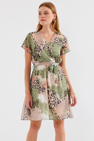 Merterium 2502 Kısa Kol Desenli Şifon Elbise - Çağla