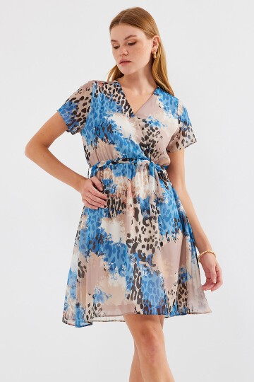 Merterium 2502 Kısa Kol Desenli Şifon Elbise - Mavi