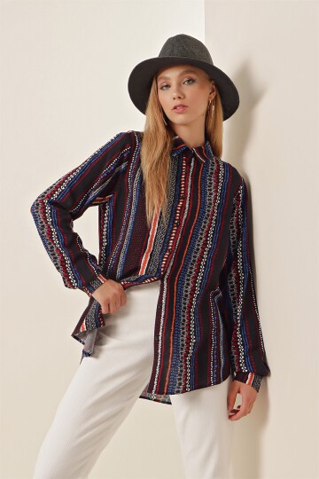 Merterium 3721 Grafik Desenli Gömlek - D.Lacivert