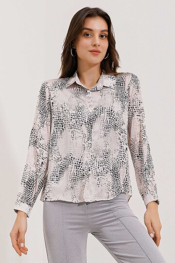 Merterium 3964 Hafif Dökümlü Saten Gömlek - A.Gri