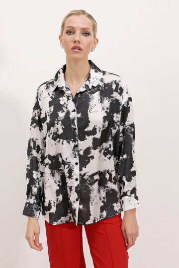 Merterium 3964 Hafif Dökümlü Saten Gömlek - L. Siyah