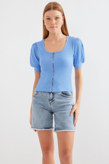 Merterium 4316 Fermuarlı Örme Bluz - Mavi