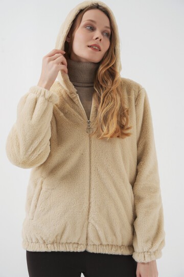 Merterium 5091 Kapşonlu Kürklü İçi Astarlı Mont - Bisküvi