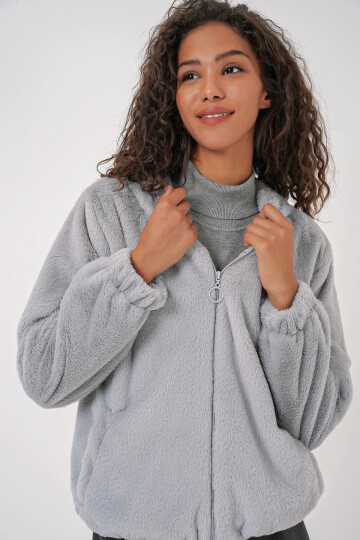 Merterium 5091 Kapşonlu Kürklü İçi Astarlı Mont - Gri