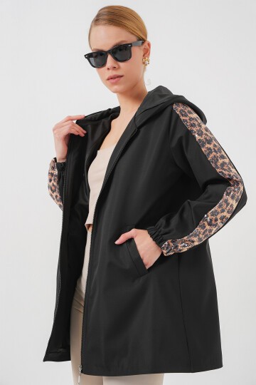 Merterium 5103 Kolları Payetli Kapüşonlu Mont - Siyah