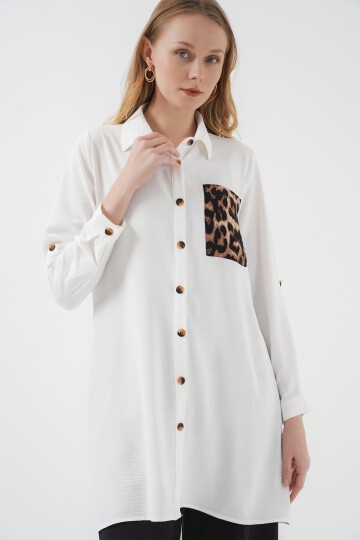 Merterium 5851 Cep Detaylı Gömlek Tunik - Beyaz