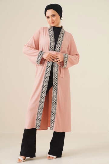 Merterium 5865 Nakışlı Örme Uzun Kimono - Pudra