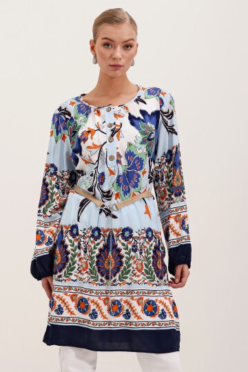 Merterium 5902 Kemerli Desenli Elbise - Lacivert