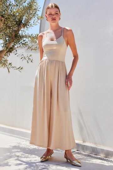 Merterium 7029 Bol Paça Askılı Tulum - Bej