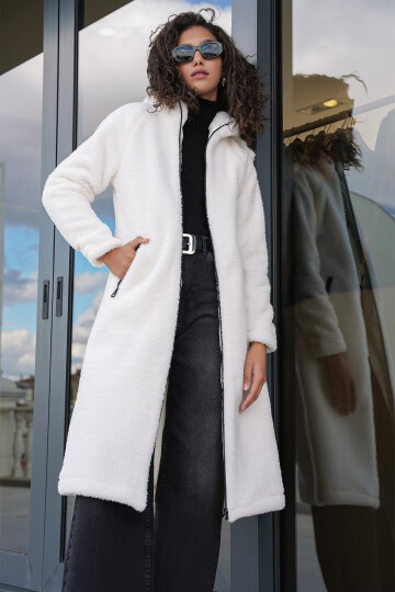 Merterium 9132 Kapüşonlu Peluş Kaban - Krem