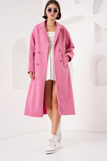 Merterium Fuşya Oversize Geniş Kesim Yünlü Uzun Kaşe Kaban 9113