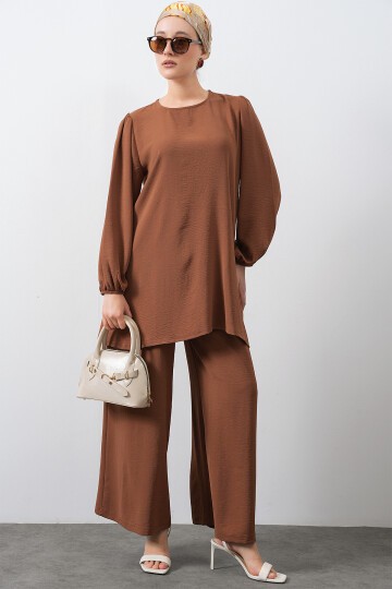 Merterium Kadın Ayrobin Tunik Pantolon Alt Üst Takım - Sütlü Kahve