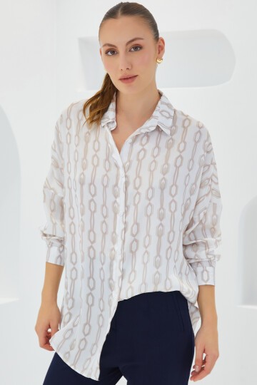 Merterium Kadın Bej Beyaz Desenli Oversize Saten Gömlek 3985