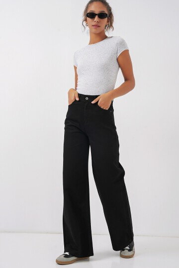 Merterium Kadın Bol Paça Yüksek Bel Palazzo Kot Pantolon 6656 - Siyah