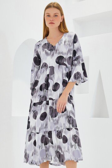 Merterium Kadın Gri Siyah Desenli Kısa Kol Viskon Elbise 1959