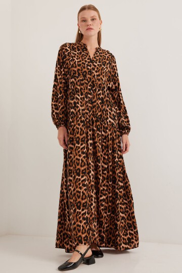 Merterium Kadın Kahverengi Bej Viskon Tesettür Elbise 2423