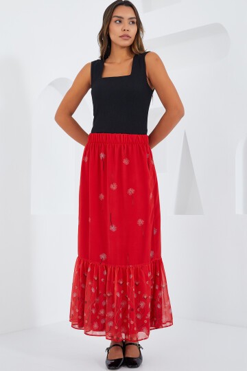 Merterium Kadın Kırmızı Desenli Şifon Etek 8010