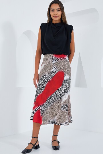 Merterium Kadın Kırmızı Siyah Desenli Saten Etek 15806