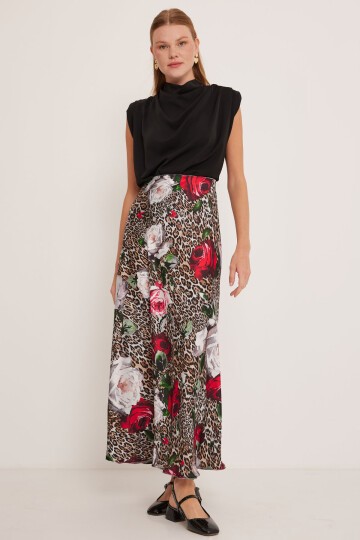 Merterium Kadın Kırmızı Siyah Desenli Saten Etek 15877