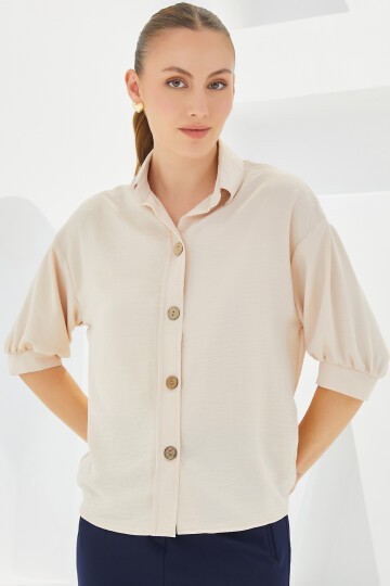 Merterium Kadın Krem Kısa Kol Oversize Keten Gömlek 20240