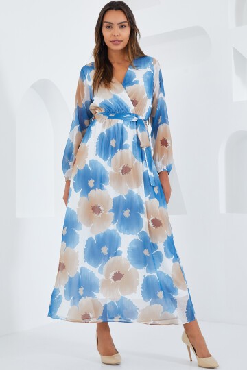 Merterium Kadın Mavi Bej Çiçek Desenli Şifon Elbise 2134