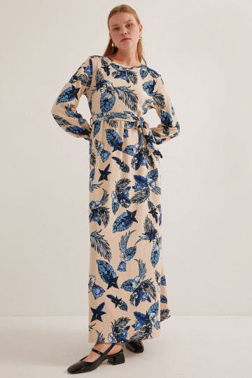 Merterium Kadın Mavi Krem Desenli Örme Tesettür Elbise 1525