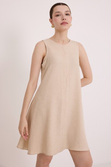 Merterium Kadın Mini Keten Elbise - Bej