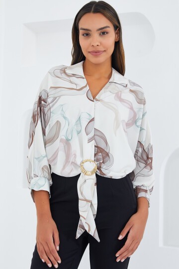 Merterium Kadın Oversize Dökümlü Crop Saten Gömlek 906 - Kahverengi