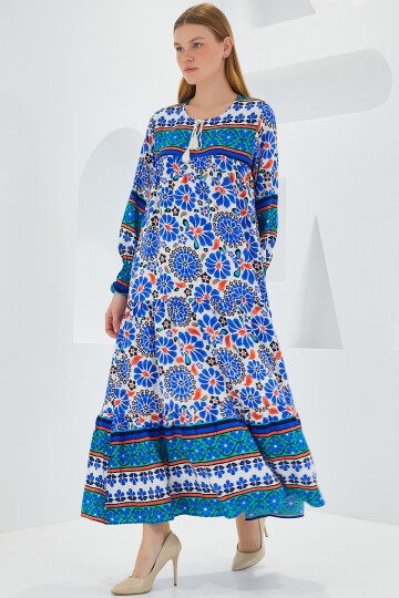 Merterium Kadın Saks Mavi Desenli Uzun Viskon Elbise 1947