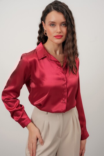 Merterium Kadın Saten Gömlek Geniş Beden Aralığı - Bordo