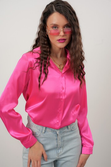 Merterium Kadın Saten Gömlek Geniş Beden Aralığı - Fuşya