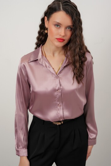 Merterium Kadın Saten Gömlek Geniş Beden Aralığı - Gül Kurusu