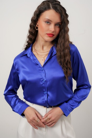 Merterium Kadın Saten Gömlek Geniş Beden Aralığı - Saks