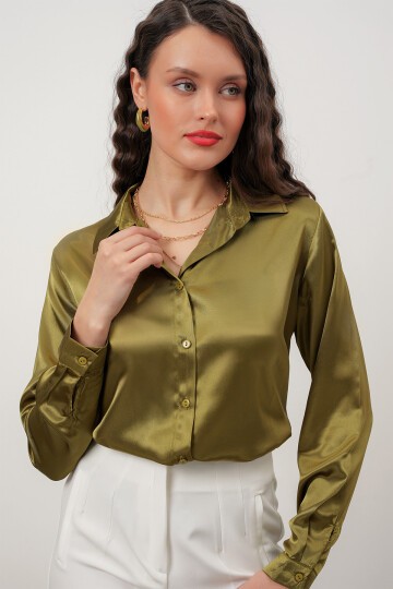 Merterium Kadın Saten Gömlek Geniş Beden Aralığı - Y.Haki